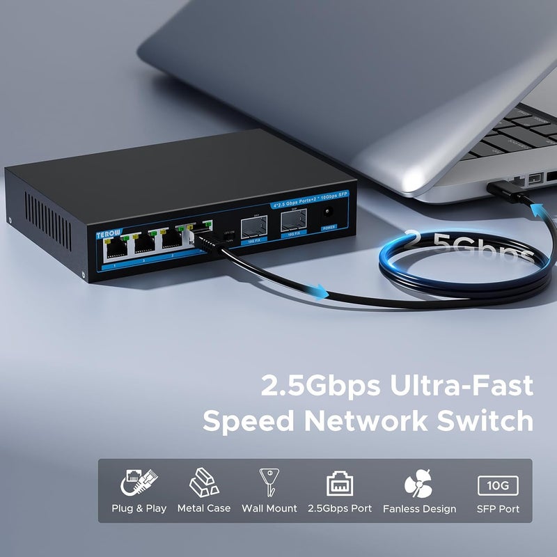 TEROW 4-Port 2.5G Ethernet Switch with 2 x 10G SFP+ Uplink – VLAN Supported Network Switch, Compatible with Gigabit/2.5GbE/10GbE for Home Office, NAS, Gaming & Access Points - Image 2